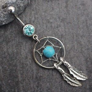 Silver Dreamcatcher Belly Ring with Turquoise Accents